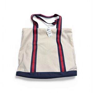 Club Room Cream Canvas Tote with Navy Base and Red-Navy Striped Handles 14X14”